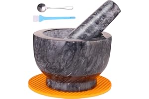 SIPARUI Mortar and Pestle Set, Guacamole Bowl Polished Natural Marble Stone, Grinder and Crusher, with Silicone Mat & Spoon - 300ml(Medium, Dark Gray)