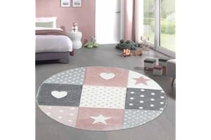 ‎CARPETIA CARPETIA Kinderteppich Spielteppich Babyteppich Mädchen mit Herz Stern rosa Creme grau Größe 120 cm Rund