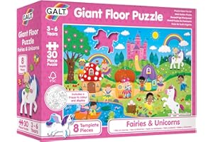 Galt Giant Floor Kids Jigsaw Puzzle Fairies and Unicorns, Fun Colourful 30 Piece with Cute Characters, 8 Template Pieces and Frieze to Colour and Display, Children Ages 3 to 6 Years, 60 x 90 cm