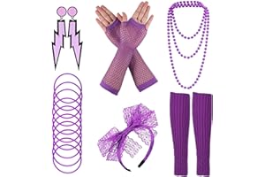 worahroe 80er jahre outfit damen, 1980s Fancy Dress Neon Kostüm Zubehör Set, Tutu Rock Beinwärmer Halskette Armbänder Fischnetz Handschuhe Spitze Schleife Stirnband Ohrringe für 80s Retro Party