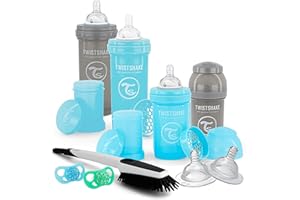 TWISTSHAKE Newborn Anti-Colic Baby Bottle Set with Milk Powder Container and Mixer - 9 Pieces | 4 x Milk Bottles - 2 x Pacifiers - 2 x Teats - 1 x Bottle Brush | BPA-Free | 0m+ | Blue Grey