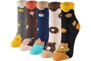 Niorasen Śmieszne Skarpetki Damskie 5 Par, Kolorowe Bawełniane Skarpetki z Motywami Zwierząt, Jedzenia i Świąt, Miękkie i Oddychające na Prezent