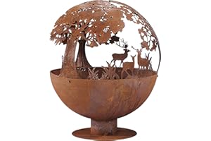 Kobolo Feuerschale Feuerkorb Forest Kugelform rund mit Motiv - Metall Rostoptik 50x50x60cm Durchmesser 50cm