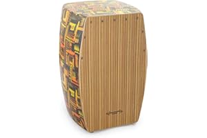 World Rhythm CAJ3-DK Tamburo Cajon con Superfice Rifinita in Stile Zebrano, Design Tribale Giallo e Arancione
