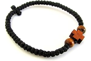 IconsGr Hecho a mano Griego Ortodoxo Cristiano Cordón de oración Chotki, Komboskini, encerado, fino, color amarillo con cruz de madera, del monte Athos (Grecia)