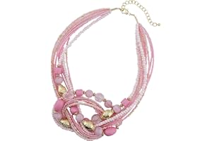 Bocar Aquamarine Seed Beads Antique Gold Multilayer Statement Collar Necklace