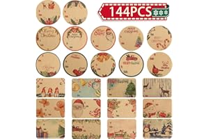 GIIFFU Étiquette Autocollante de Noël-144PCS Autocollants de Noms de Cadeaux, Papier Etiquettes pour Cadeaux, 24 Modèles Étiquettes de Noël Vintage, Étiquettes Kraft Autocollantes pour Cadeaux de Noël