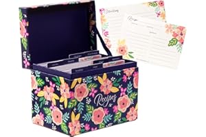 STEEL MILL AND CO. Steel Mill & Co - Caja de recetas con tarjetas y divisores, 8 organizadores de pestañas etiquetadas y 40 tarjetas de recetas, diseño floral menta (azul marino)