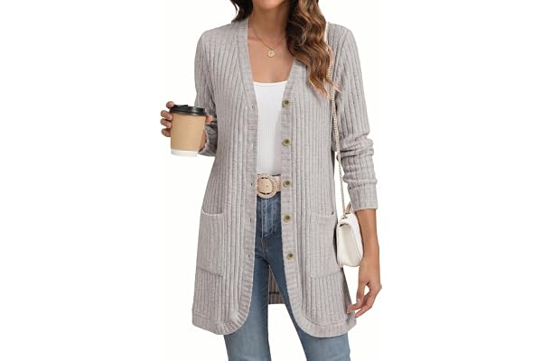 GRECERELLE Långa koftor för kvinnor, öppen framsida, lättvikt ribbad cardigan casual v-ringade jackor med fickor, knappar för