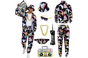 90er 80er Jahre Outfit Herren, 80er Trainingsanzug Jacke Hose Anzug mit Goldkette Sonnenbrille, Karneval Kostüm Hip Hop Sportbekleidung