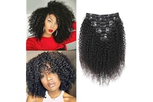 EINbeauty Kinky-Curly Human Hair Clips Extension a Clip Cheveux Naturel 120g-8pcs Invisibles à Clip Human Hair Clips ins Perruques Pour Femmes Noires Clip Extension Brazilian Virgin Cheveux 12"
