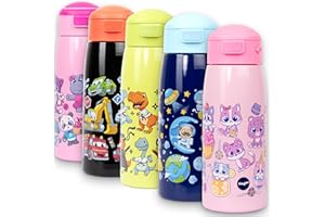 "Fringoo Borraccia per Bambini Cannuccia, Bottiglia in Acciaio Inossidabile da 350 ml, Doppia Parete isolata, 100% a Prova di perdite e con Serratura, Maniglia per Il Trasporto, Controllo della Te