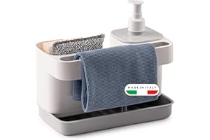 Snips Riordinello - Dispenser Sapone Cucina e Bagno 3in1, Set Porta Spugne Lavello Cucina, Porta Sapone Dosatore 400ml e Strofinacci, Organizer Lavello Salvaspazio 21x12x18 Made in Italy Bianco/Grigio