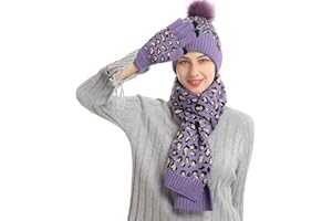 FEOYA Women Beanie Hat Tassel Scarf Touchscreen Gloves Set for Autumn Winter and Spring Thick Plush Lined Knit Pompom Skull Cap Neck Warmer Mittens