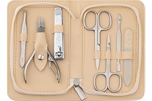 Chali® Set Manicure Pedicure 7 Pezzi, Kit Unghie Acciaio Inox con Borsa - Forbicine Unghie, Tagliaunghie, Pinzette, Lima Vetro, Tronchese Unghie, Spingi Cuticole