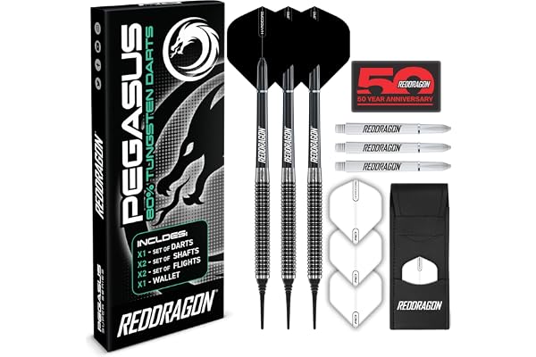 RED DRAGON Pegasus Tungsten Steel Soft Tip Darts Set 18g, 20g - White Stems, White Flights