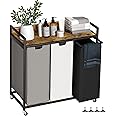 Herture Laundry Hampers with Shelf, Laundry Basket 3 Section, Laundry Sorter with Pull-Out Removable Large 3 Color Bags and Movable Wheels, Metal Frame, 3 x 15.87 Gallons (60L), Rustic Brown PF04XLN