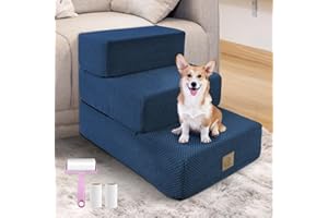 MIDOUAUTOUK Assembleable Dog Steps Stairs,Folding 3-Steps High Density Foam Steps, Soft Pet Ladder for Sofa Bed Couch, Washable Fabric Cover Nonslip Bottom Small Injured Old Cats Dogs Blue