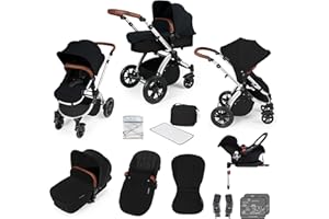 Ickle Bubba Stomp V3, Système de voyage tout-en-un incluant une nacelle, une poussette réversible et un siège auto Galaxy groupe 0+ avec base ISOFIX (Cadre noir sur argent)