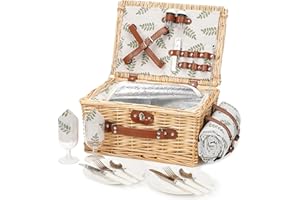 BIRDSINYARD Picknickkorb für 2 Personen, Picknickkorb-Set mit Kühlfach und wasserdichte Picknickdecke, Besteck Set, Handgefertigtes Weidenkorb Picknick Korb Geschenk für Camping, Strand, Wandern (Blatt)