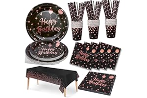 Nkaiso Anniversaire Party Vaisselle, 20 invités Noir et Rose Or Kit Vaisselles Anniversaire Assiette Dîner Papier Tasse Serviette Réutilisable Couverts Décorations fête Enfants