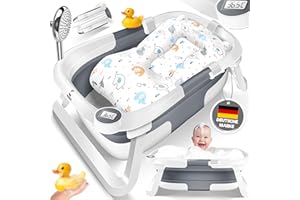 KIDIZ® Baby Badewanne | Babywanne platzsparend & faltbar | Badebecken Duschwanne für Neugeborene Kleinkinder 0-24 Monate | Reisedusche tragbar für Babys | Bathtub ergonomisch mit Thermostat & Kissen