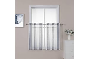 LinTimes Small Kitchen Window Tier Curtains,Voile Sheer Linen Textured Curatains Stripe Curtains for Kitchen Cafe Room Livingroom W27 x L36 Inch Navy Blue 2 Panels