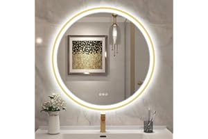 STARLEAD 800 mm Round-Bathroom-Mirror-with-LED-Lights, Bluetooth, LED-Bathroom-Wall-Mirror with Anti-Fog, 3 Colors Dimmable, Memory Function, HD Tempered Glass, IP44, Gold (Spray-Painted, Not Metal)