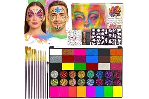 Jiaoshou Pan Peinture Corporelle,42 Palette de Maquillage Enfants,Maquillage Halloween Enfant,Avec 11 Pinceaux,4 Pochoirs,2 Diamant Autocollant,Convient pour Halloween, Noël et le carnaval
