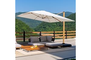 PURPLE LEAF Parasol Déporté 3 x 4 m Rectangulaire, Grand Parasol De Jardin Extérieur Structure en Aluminium Finition Teck, Toile UPF 50+ avec 6 Positions D'inclinaison et Rotation à 360°, Crème