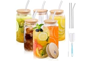 DONGSHANGIFT Szklane kubki z pokrywkami i słomkami Zestaw 6-520ML Szklane kubki w kształcie puszki,Kubki do picia z bambusową pokrywką i słomką,Szklanka do puszki piwa,Szklanki do zimnej kawy