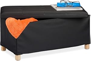 Relaxdays Pana Panca Con Contenitore, In Finta Pelle, Imbottita, Corridoio, Camera Da Letto, Hxlxp: 35 x 76 x 37 cm, Nera, Legno, Gommapiuma, Nero, 1 Pz
