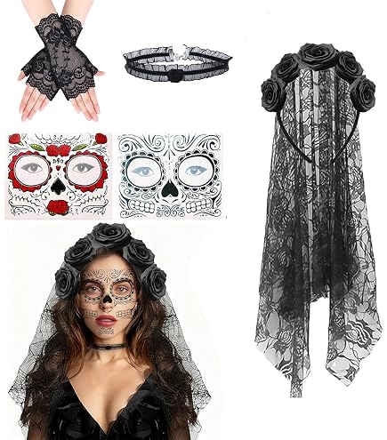 Fascia Per Capelli Con Velo E Fiori Rosa Per Halloween Dia De Los Muertos + 2 Tatuaggi Temporanei Teschio - 2