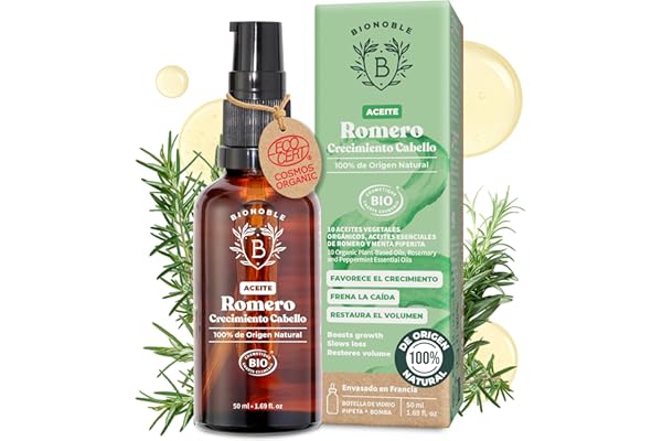 BIONOBLE Aceite de Romero para el Cabello Orgánico - Estimula Crecimiento Pelo, Nutre el Cuero Cabelludo - Aceite Esencial de Romero, Ricino - Rosemary Oil Hair Growth - Botella Vidrio, Pipeta - 50ml