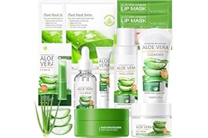 BYHSOEP Aloe Vera Ensemble de Soins 11 Pièces avec Tonique,Nettoyant,Sérum,Crème,Masque,Baume à Lèvres,Patchs pour Les Yeux,Coffret de Soins du Visage à l'Aloe Vera pour Fille Adulte et Femmes