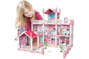 deAO Casa delle Bambole - 3 Piani 9 Camere Rosa Fai da Te Giochi di Educazione Set da Gioco, Asseccories e Mobili per la Casa delle Bambole, Regalo per 6 7 8 9 Ragazze Bambino
