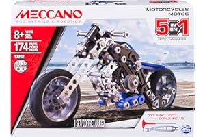 MECCANO - Moto 5 MODÈLES - 5 Modèles De Véhicules Motos A Construire - Coffret Inventions avec 174 Pièces Et 2 Outils - Jeu de Construction - Jouet Enfant 8 Ans et +