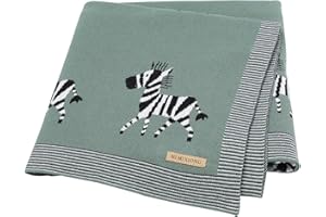 DovFanny Baby Blanket 100% Cotton Knitted Soft Blanket for Newbron with Lovely Zebra, 100 x 80cm Dark Green