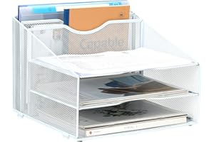 EasyPAG Portadocumenti da Scrivania A4 5 Compartimenti Metallo Rete,Vassoio Lettere,Organizzatore Carta,Ripiano Portacorrispondenza per Ufficio & Casa,Bianco