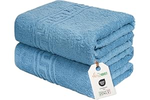 nice homeit Lot de 2 Grandes Serviettes de Bain 100 x 150 cm – Extra Large Serviette de Bain en 100% Coton Fil à Anneau – Extra Doux et Absorbant. Fabriqué en Italie – Bleu