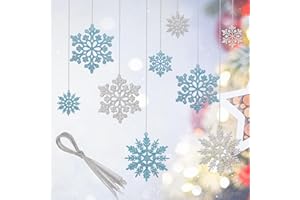 KIESWAN 28 Stück Christbaumschmuck Schneeflocken Deko, Schneeflocken zum Aufhängen, Kunststoff Schneeflocken Ornamente Weihnachten Weihnachtsanhänger für Christbaumschmuck Dekoration(Blau Silber, 10cm/7.5cm)