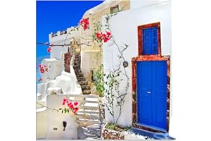 AUGENBLICKE WANDBILDER 80x80cm - Fotodruck auf Leinwand und Rahmen Santorini Haus Blumen mediterran - Leinwandbild auf Keilrahmen modern stilvoll - Bilder und Dekoration