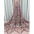 3 Yards African Lace Fabric, Beaded Lace, Net Tulle Fabric Embroidered Lace Fabric for Dress Guipure lace L02 (Pink)