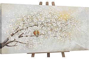 YS-Art Quadri dipinti a mano su tela con paesaggio Alba Primaverile e uccelli murale Pittura astratta fiori colore brillante 140x70 cm