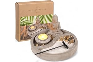 MIJOMA Figurine de Bouddha sur assiette en ciment avec photophore, râteau, pierres décoratives et sable - Ensemble de jardin zen - Décoration spirituelle pour la paix intérieure et l'harmonie (rond Ø