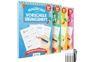 EDUBINI Magische Vorschule Übungshefte ab 5 Junge & Mädchen - [4 Hefte + Stift] - Wiederverwendbare Schreiblernhefte für Vorschule - Buchstaben lernen, Schreiben lernen, Zahlen lernen