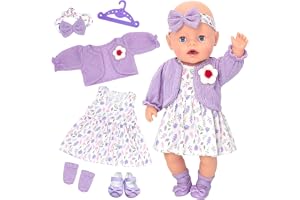 6 stycken lila dockkläder för 35–43 cm babydockor söta blommor kläder dockor för 14–17 tum babydockor kappa klänning pannband