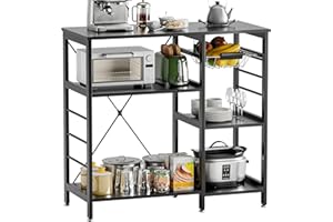 vovala Baker’s Rack, Microwave Oven Stand with Bamboo Frame, 35.4" Coffee Bar with Wire Basket & 6 Hooks, 3-Tier Kitchen Storage Shelf Stand for Kitchen, Living Room, Office (Black)