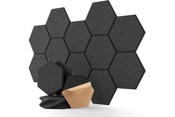 Lot de 12 panneaux acoustiques hexagonaux auto-adhésifs, mur insonorisant haute densité pour décoration murale et traitement acoustique Panneaux insonorisants Noir 30 × 26 × 0,9 cm