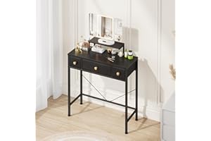 OYRREU Toeletta Trucco con Specchio e Luci, Piccolo Scrivania Postazione Trucco con 3 Cassetti in Tessuto, Tavolo Trucco Make up Vanity, Consolle Trucco, Salvaspazio, Regolazione dell'altezza (Nero, 30D)